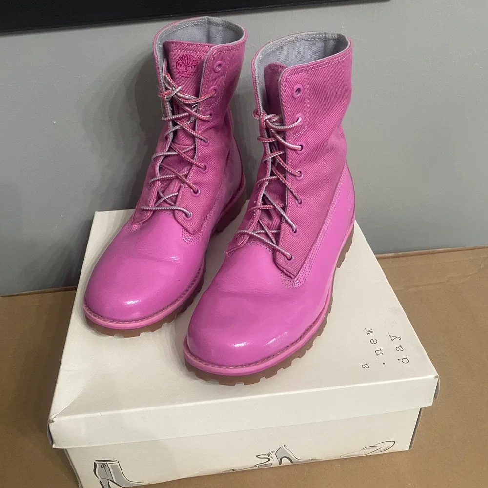 Timberland Girls‎ Pink Patent Leather Canvas Lace Up Boots 3396A Size 5